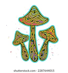 Psychedelic Magic Mushrooms set.  Optical illusion. Vector illustration. Rounded color, Decorative mushrooms, hippie, hallucination, psilocybin 60s 70s