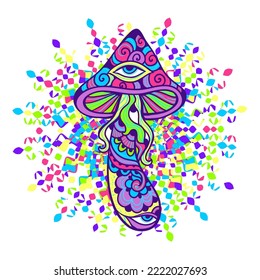 Psychedelic Magic Mushrooms. Vector illustration. Zen art. Decorative mushrooms, hippie, hallucination, psilocybin. 60s, 70s