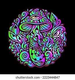Setas Psicodélicas Mágicas. Ilustración vectorial. Arte zen. Hongos decorativos, hippie, alucinaciones, psilocybin. Años 60 y 70