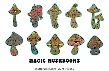 Psychedelic Magic Mushrooms. Vector illustration neon. Zen art. Decorative mushrooms, hippie, hallucination psilocybin 60s 70s