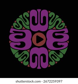 Mandala psicodélica com um botão de jogo no centro, apresentando girando formas abstratas roxas e verdes em um fundo preto.