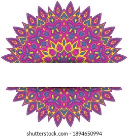 Psychedelic mandala vector card template with text place. Yoga meditation center flyer design. Round floral mandala ornament with butterfly, heart, leaf, petal, flower shapes. Oriantal medallion.