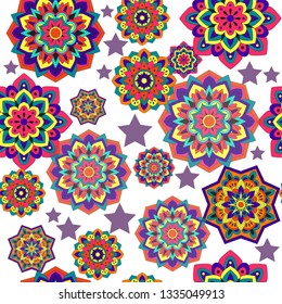 Psychedelic mandala vector seamless colorful pattern and stars
