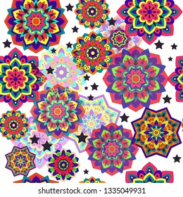 Psychedelic mandala vector seamless colorful pattern and stars