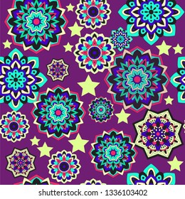 Psychedelic mandala vector seamless colorful pattern and stars