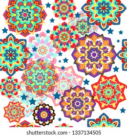 Psychedelic mandala vector seamless colorful pattern and stars