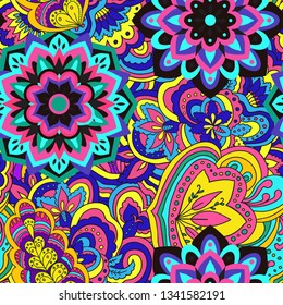 Psychedelic mandala vector seamless colorful pattern