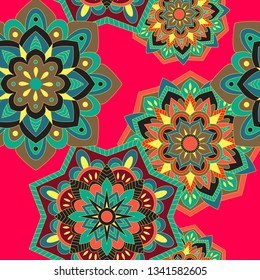 Psychedelic mandala vector seamless colorful pattern