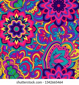 Psychedelic mandala vector seamless colorful pattern