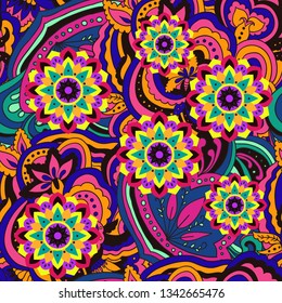 Psychedelic mandala vector seamless colorful pattern