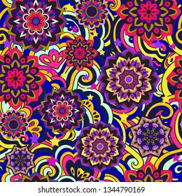 Psychedelic mandala vector seamless colorful pattern