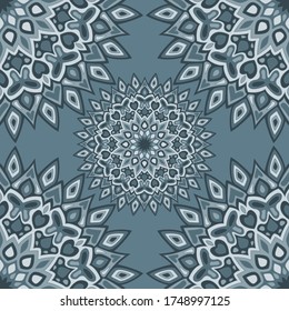 Psychedelic mandala vector seamless pattern. Fabric print design. Round floral mandala ornament with butterfly, heart, leaf, petal, flower motifs. Indian medallion motif seamless tile.