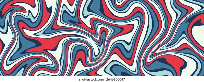 Psychedelic marble swirl background in red, navy, light blue, and cream tones, featuring fluid, wavy, and hypnotic patterns.