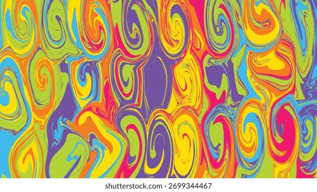 A psychedelic marbled pattern with swirling lines in a vibrant rainbow of colors creates a lively and energetic abstract background.