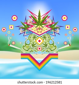 Psychedelic marijuana composition over a blurred tropical beach background vector illustration