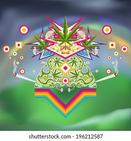 Psychedelic marijuana composition over a blurred mountain and rainbow background vector illustration