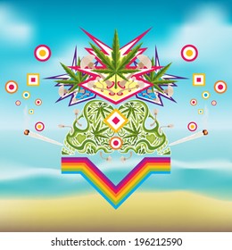 Psychedelic Marijuana Composition Over A Blurred Tropical Beach Background Vector Illustration