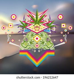 Psychedelic Marijuana Composition Over A Blurred Tropical Beach Background Vector Illustration