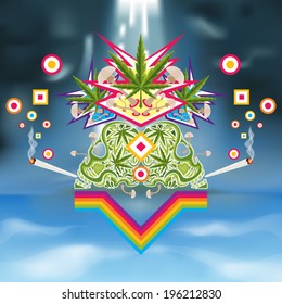 Psychedelic marijuana composition over a blurred sea background vector illustration
