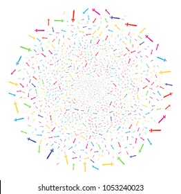 Psychedelic Medieval Sword sparked sphere. Vector cluster explosion done from scatter medieval sword items. Multi Colored Vector illustration.