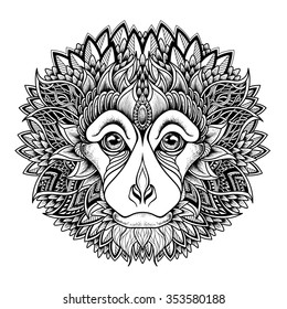 Psychedelic monkey head tattoo. zentangle style. vector illustration on white