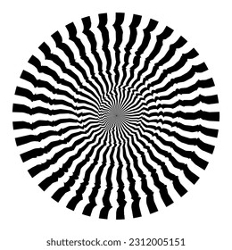 Psychedelic monochrome white circle with black rays with zigzag.
Abstract hypnotic lines as stripes in the form of circle. Geometric art. Design element