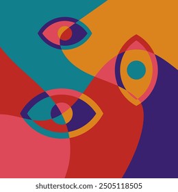 Psychedelic mosaic illustration. Eyes. Multicolored backdrop. Square.
