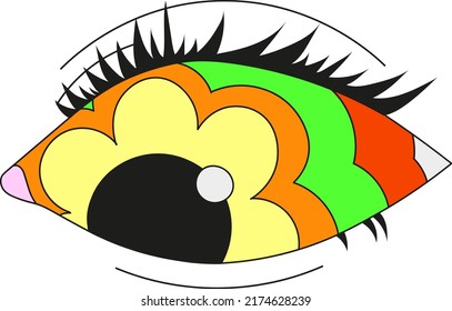 A psychedelic multicolored eye with a flower pupil. Vector illustration isolated on a white background.