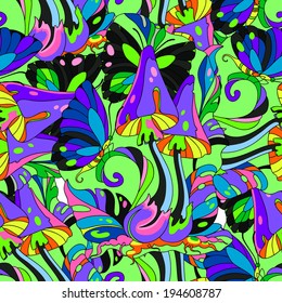 Psychedelic mushroom and butterfly seamless pattern, green background