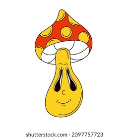 Psychedelic mushroom character in groovy style. Fly agaric cartoon. Vector illustration isolated on a white background.