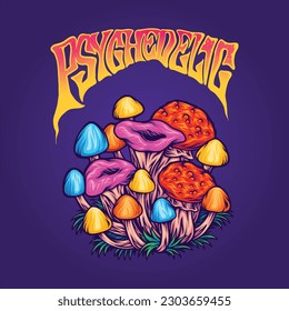 Psychedelic mushroom edible hallucinogenic spores family illustrations vector for your work logo, merchandise t-shirt, stickers and label designs, poster, greeting cards advertising business 