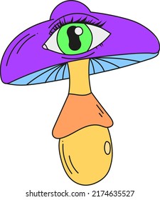 Una seta psicodélica con un ojo. Ilustración vectorial aislada en un fondo blanco.