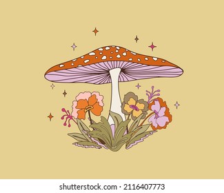 Psychedelic Mushroom and Flower. Vintage style print
