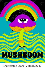 Psychedelic mushroom with funny face and tongue. Funky character in groovy style. Retro trendy poster. Flat vector elements of bright colors.