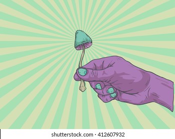 Psychedelic mushroom with hand