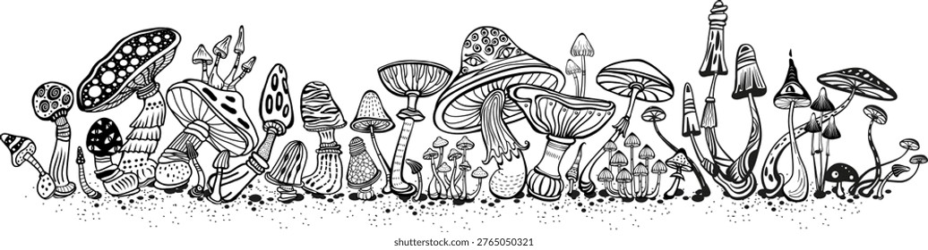 Psychedelic Mushroom Hand Drawn Line Art Border