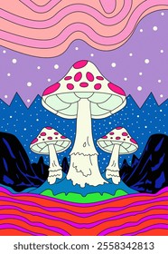 Psychedelic Mushroom Landscape with Vibrant Colors and Surreal Sky