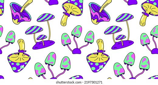 Psychedelic mushroom pattern. Magic neon fungus. Hallucination shroom. Bright texture. Crazy poisonous fungi. Surreal hippie wallpaper. Purple toadstools. Vector seamless background