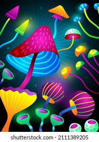 Psychedelic mushroom poster. Decorative placard with poison toxic colored mushroom illustration and place for text recent vector template
