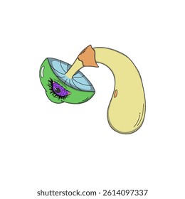 Psychedelic mushroom with a purple spiral eye, a surreal illustration in vivid neon colors with elements of dreamlike fantasy.