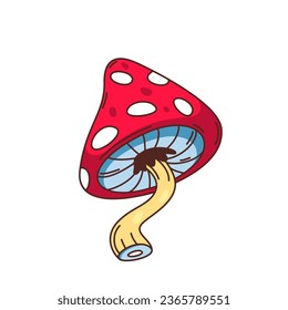 Psychedelic mushroom vector illustration. Cartoon isolated retro groovy sticker with fungus, cute comic hippie patch element for psychedelic acid trip, sign of happy and crazy 70s hippy vibe