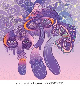 Psychedelic mushroom vector illustration in rave style with vibrant colors and trippy shapes. Surreal design inspired by nightlife, music culture, altered perception