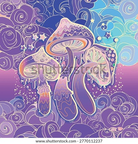 Psychedelic mushroom vector illustration in rave style with vibrant colors and trippy shapes. Surreal design inspired by nightlife, music culture, altered perception