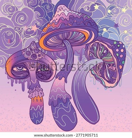 Psychedelic mushroom vector illustration in rave style with vibrant colors and trippy shapes. Surreal design inspired by nightlife, music culture, altered perception