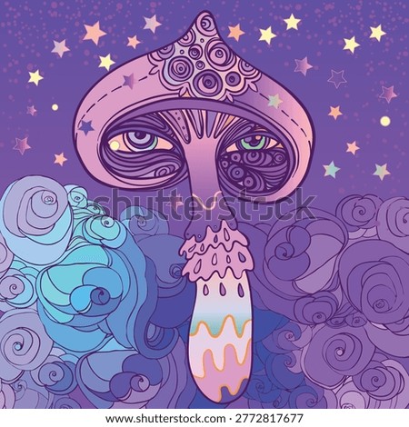Psychedelic mushroom vector illustration in rave style with vibrant colors and trippy shapes. Surreal design inspired by nightlife, music culture, altered perception