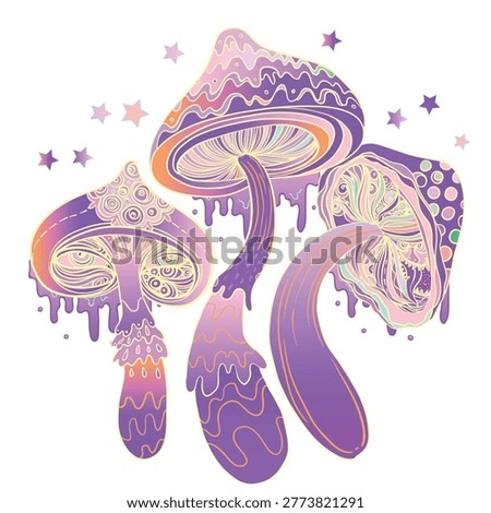 Psychedelic mushroom vector illustration in rave style with vibrant colors and trippy shapes. Surreal design inspired by nightlife, music culture, altered perception