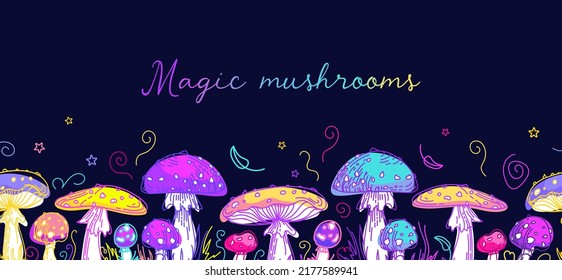 Psychedelic mushrooms border. 60s hippie, colorful poisonous fly agaric. Sketch style graphic modern illustration with cosmic magic mushrooms. Witch mushrooms for Halloween. National Mushroom Day.