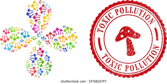Psychedelic mushrooms colored swirl flower with 4 petals, and red round TOXIC POLLUTION textured stamp imitation. Psychedelic mushrooms symbol inside round stamp.