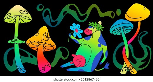 Psychedelic mushrooms and cow isolated on black background. Vector cartoon illustration of groovy acid color fungi, funny cow smelling flower, trippy smoke clouds, retro design elements for poster