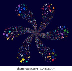 Psychedelic Mushrooms cyclonic bang on a dark background. Hypnotic flower organized from scattered mushrooms symbols.